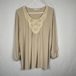 Susan Graver Liquid Knit Lace Trim Tunic Top Size 2X XXL Stretchy Relaxed Career